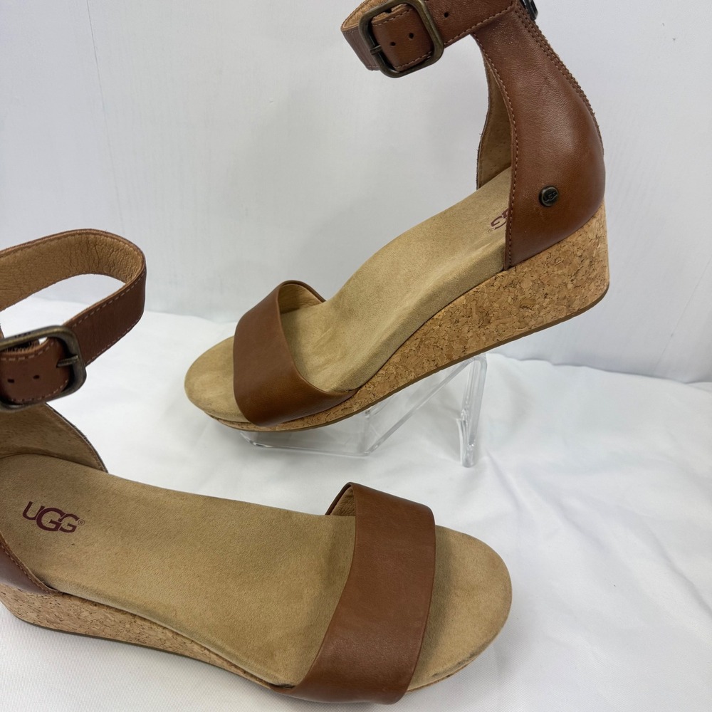 UGG Women Brown Leather Cork Wedge Ankle Strap Sandals 1102674 Size 9.5 - Picture 2 of 14